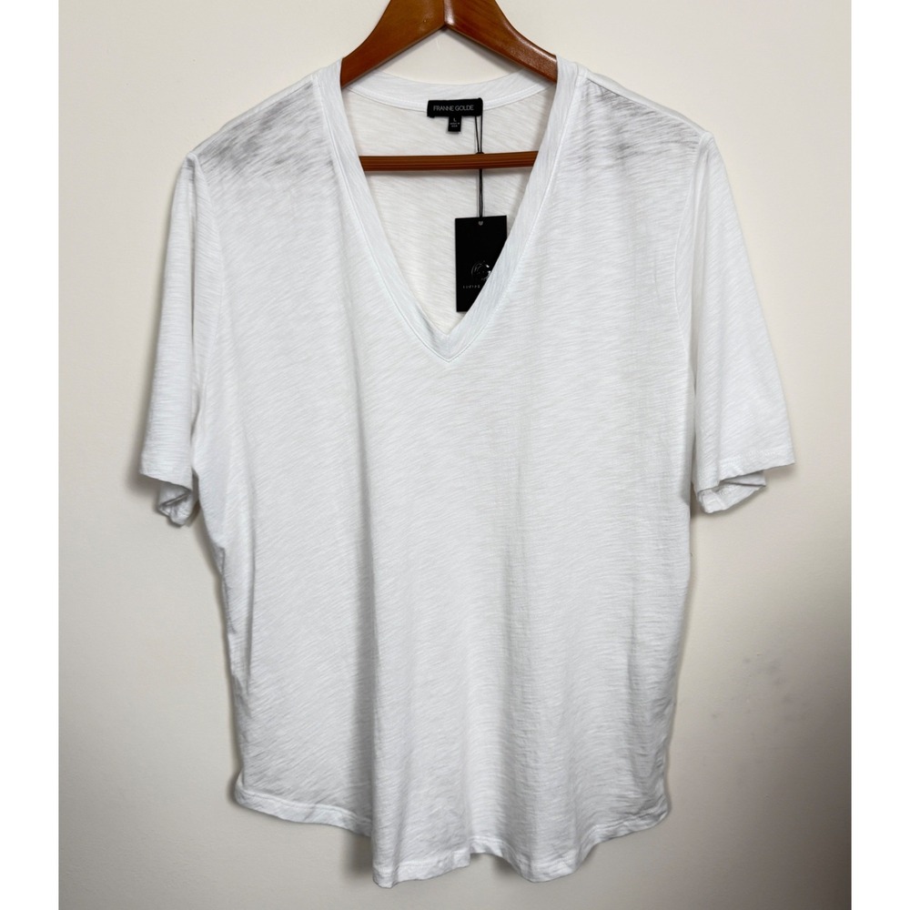 Franne Golde Slub Jersey V-Neck Tee Women's L White Cotton Modal NWT